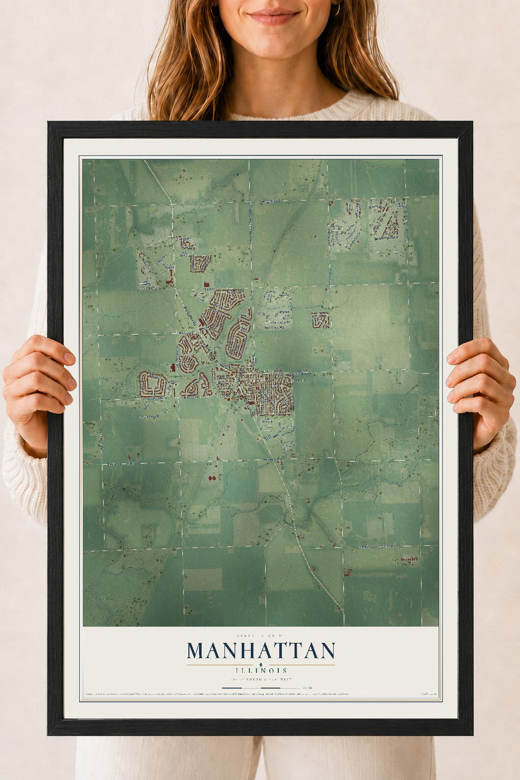 Map of Manhattan, Illinois, 18 x 24 inch print in a black wood frame