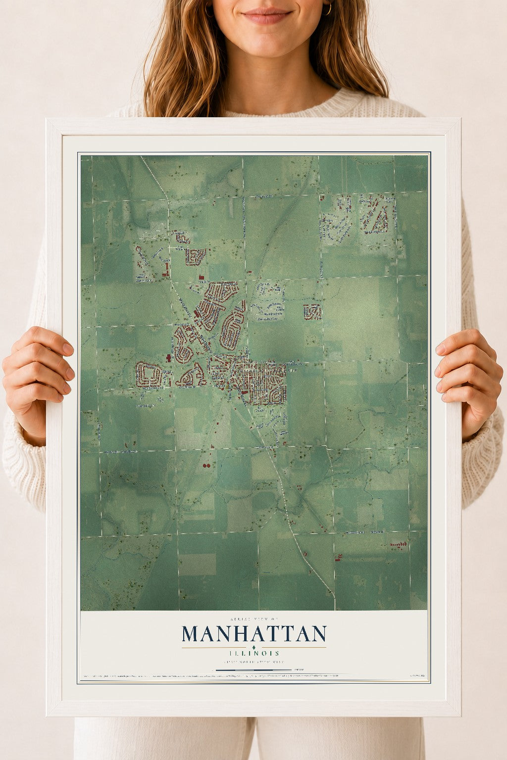 Map of Manhattan, Illinois, 18 x 24 inch print in a white wood frame