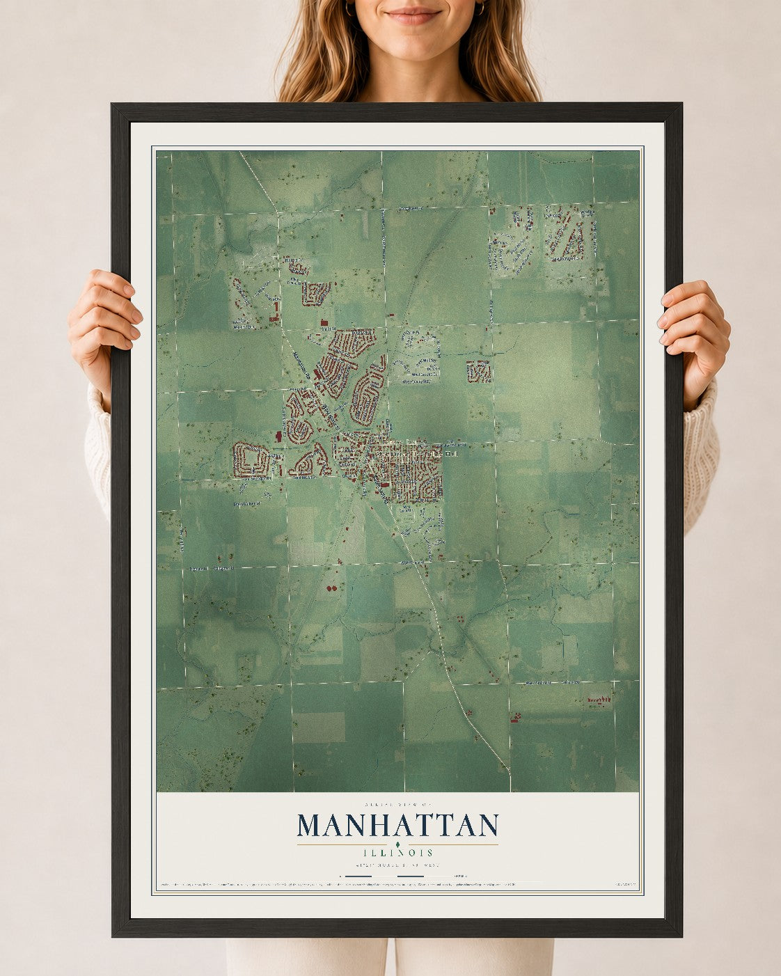 Map of Manhattan, Illinois, 24 x 36 inch print in a black wood frame