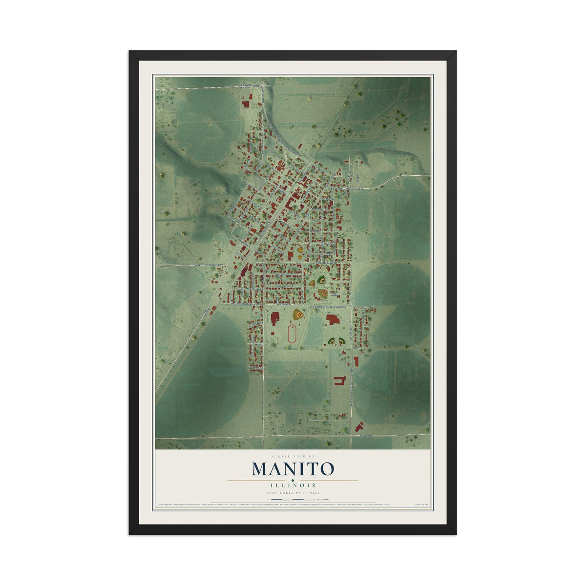 Map of Manito, Illinois, 12 x 18 inch print in a black wood frame