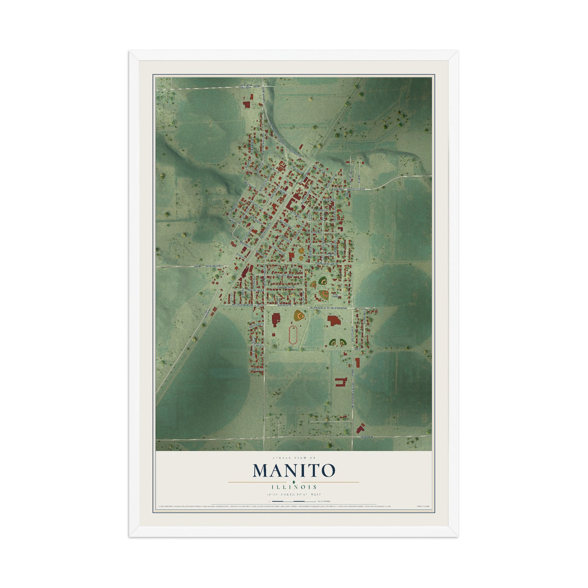 Map of Manito, Illinois, 12 x 18 inch print in a white wood frame
