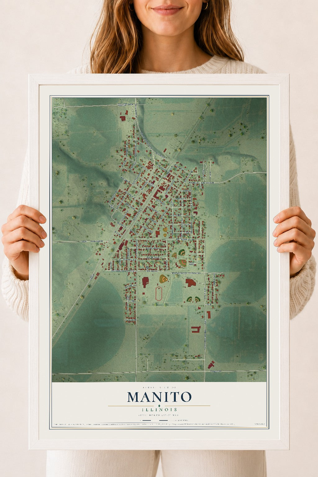 Map of Manito, Illinois, 18 x 24 inch print in a white wood frame
