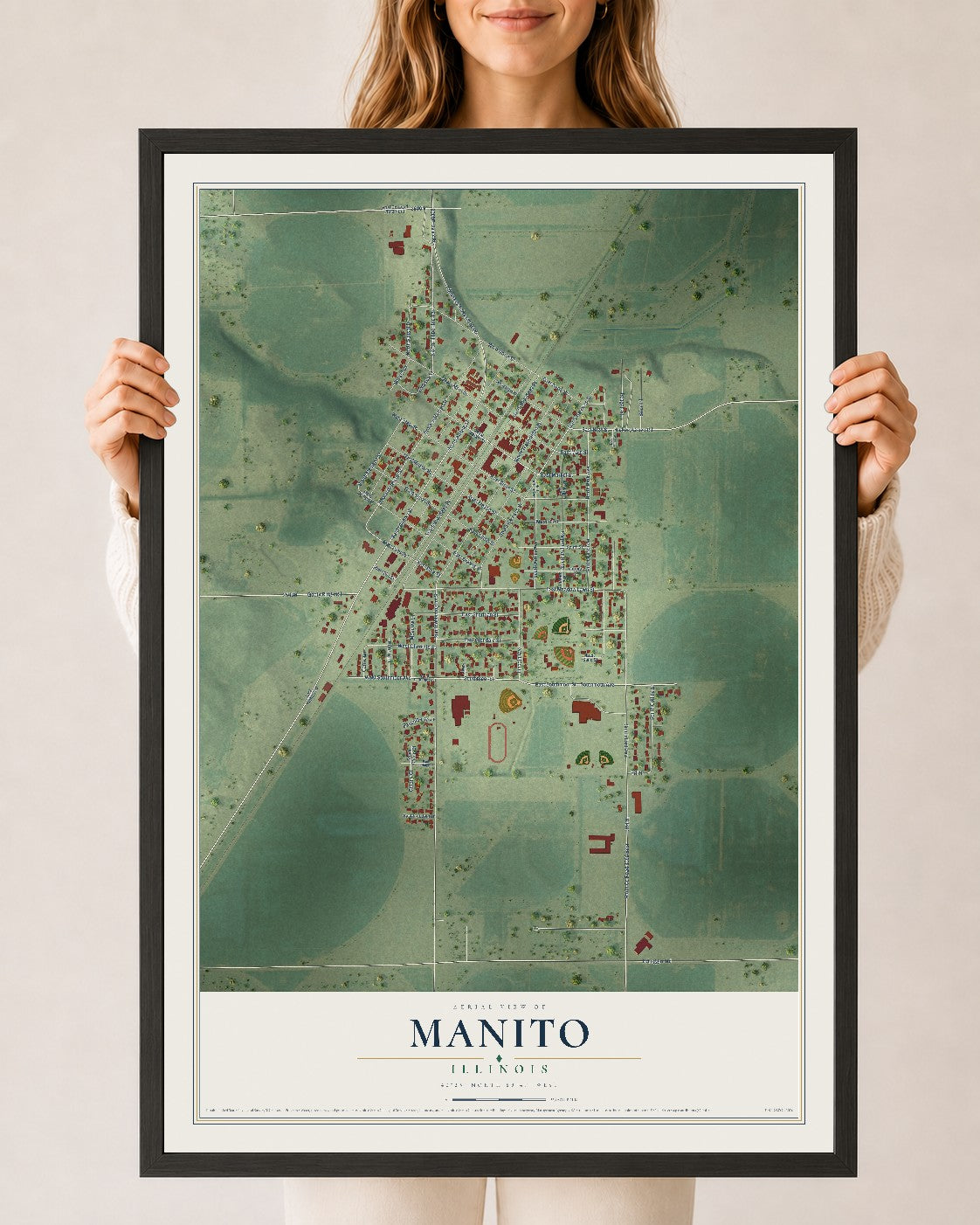 Map of Manito, Illinois, 24 x 36 inch print in a black wood frame