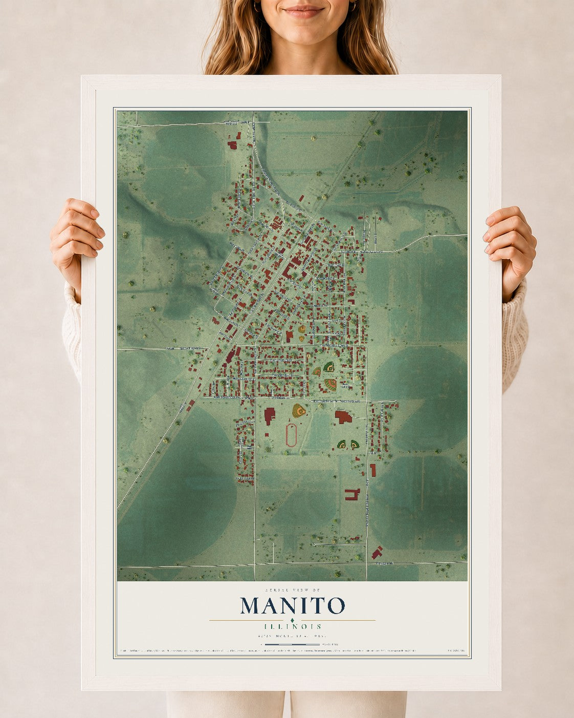 Map of Manito, Illinois, 24 x 36 inch print in a white wood frame