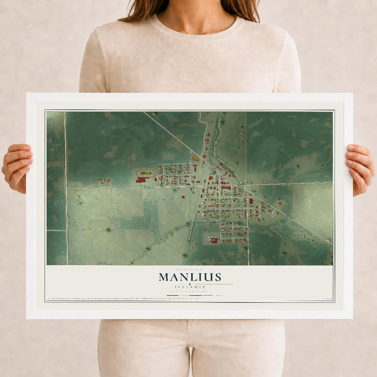 Map of Manlius, Illinois, 12 x 18 inch print in a white wood frame
