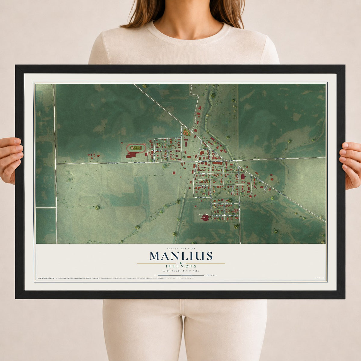 Map of Manlius, Illinois, 18 x 24 inch print in a black wood frame