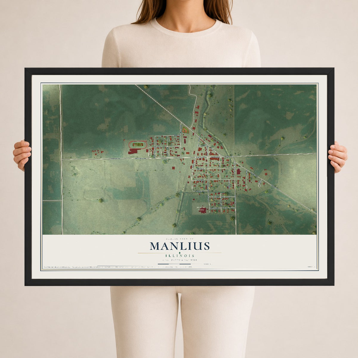Map of Manlius, Illinois, 24 x 36 inch print in a black wood frame