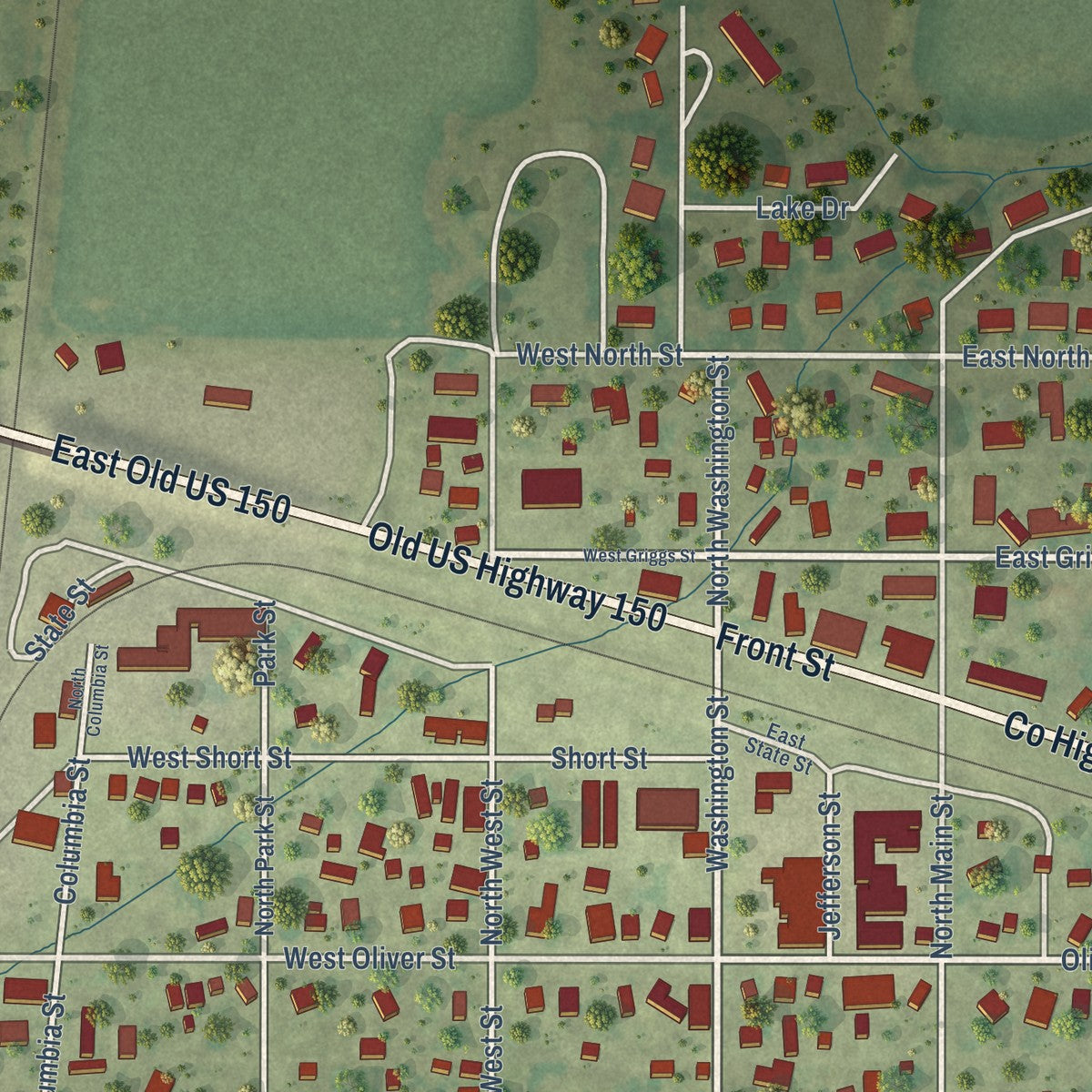Close-up of the map of Mansfield, Illinois print showing street and building detail