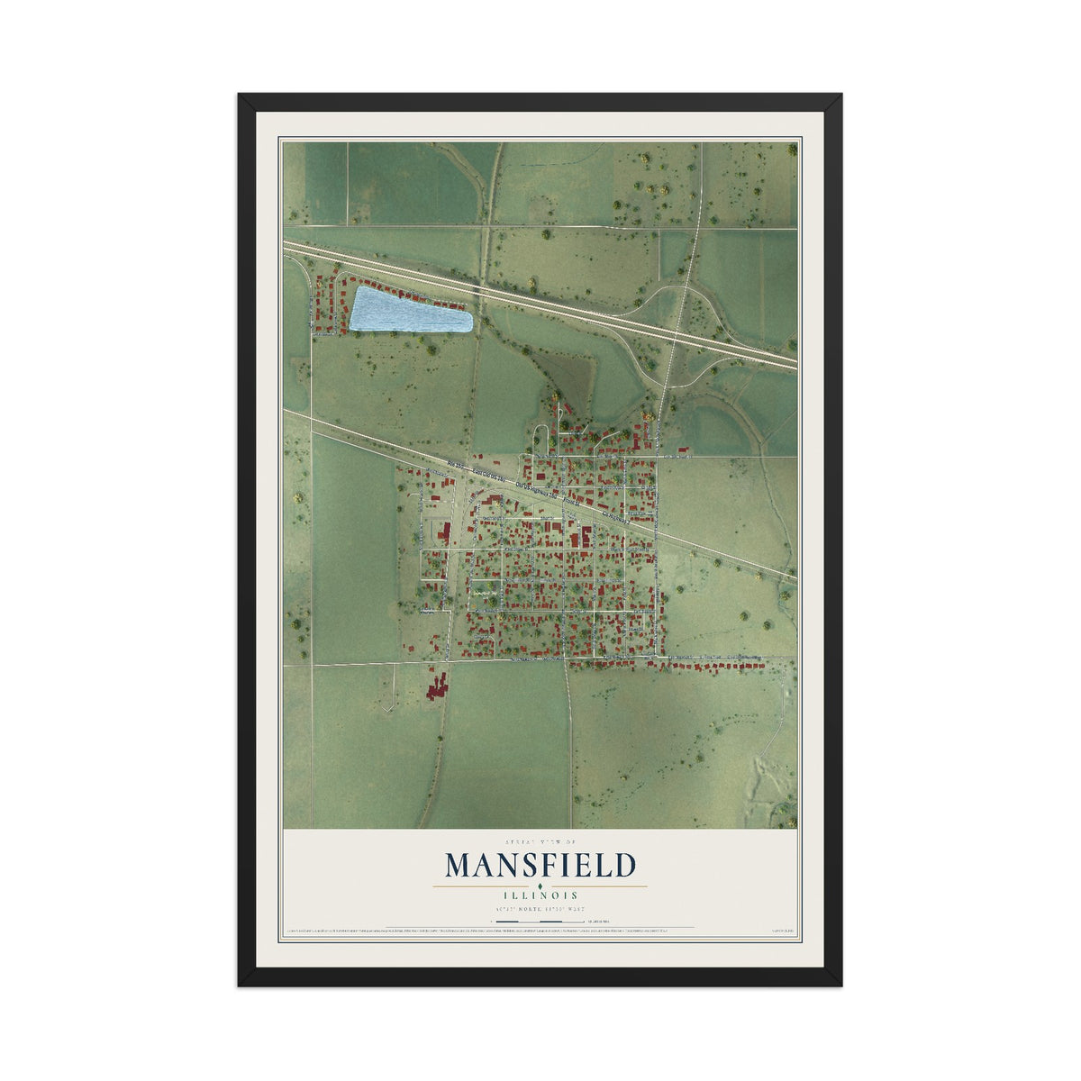 Map of Mansfield, Illinois, 12 x 18 inch print in a black wood frame
