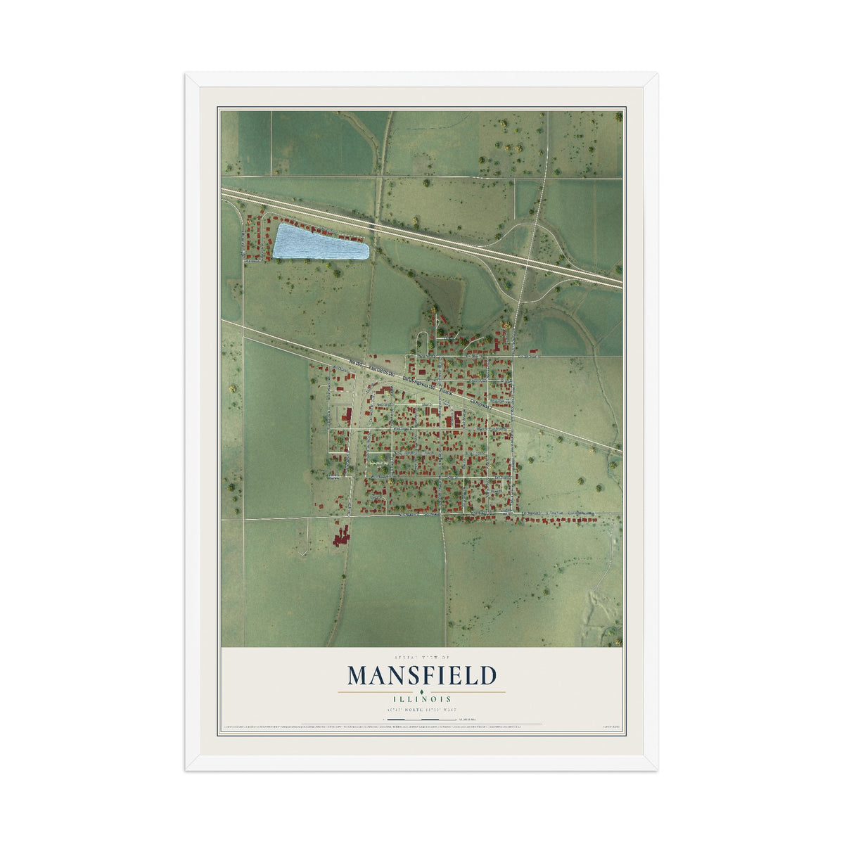 Map of Mansfield, Illinois, 12 x 18 inch print in a white wood frame
