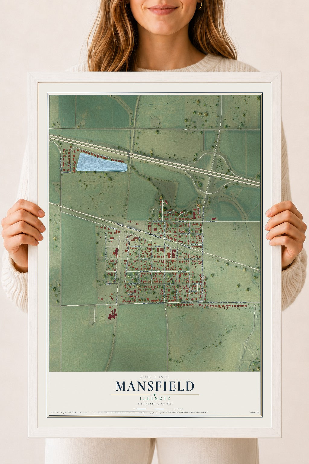 Map of Mansfield, Illinois, 18 x 24 inch print in a white wood frame