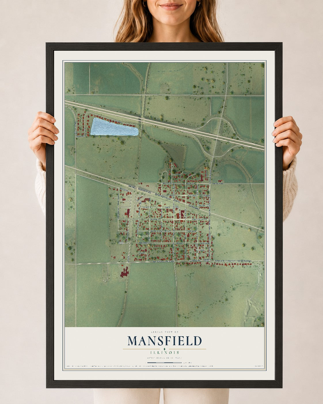 Map of Mansfield, Illinois, 24 x 36 inch print in a black wood frame