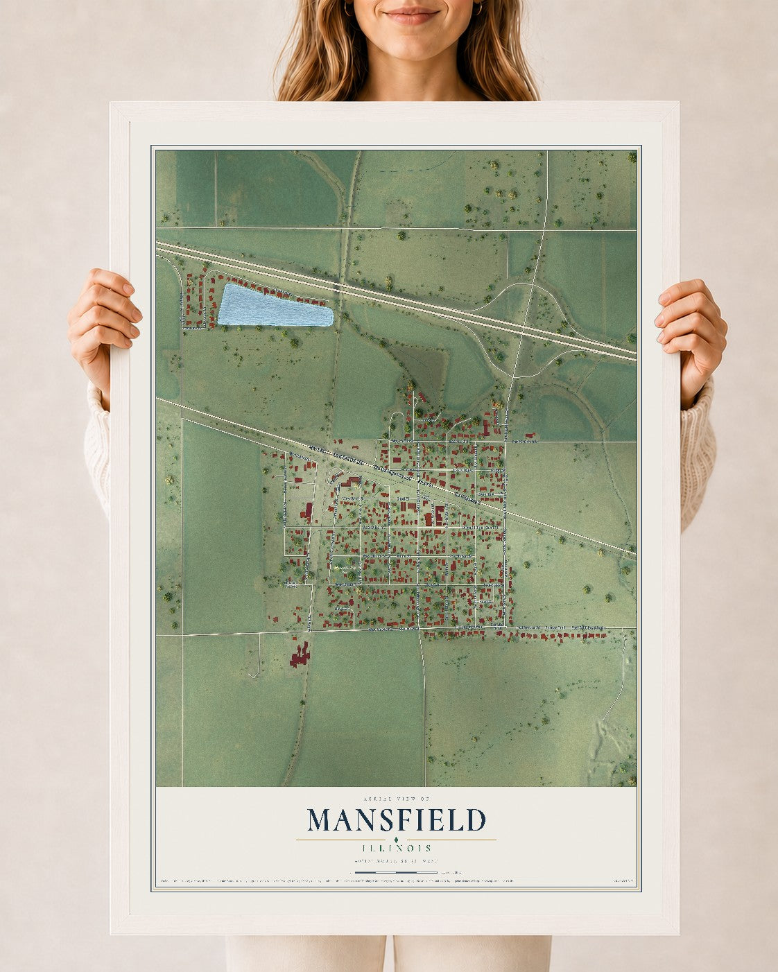 Map of Mansfield, Illinois, 24 x 36 inch print in a white wood frame