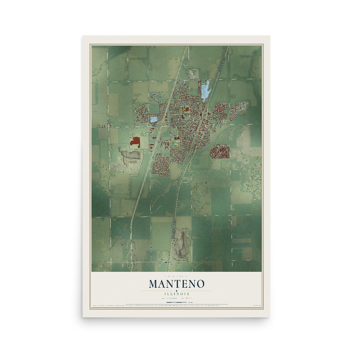 Map of Manteno, Illinois, 12 x 18 inch unframed archival matte print