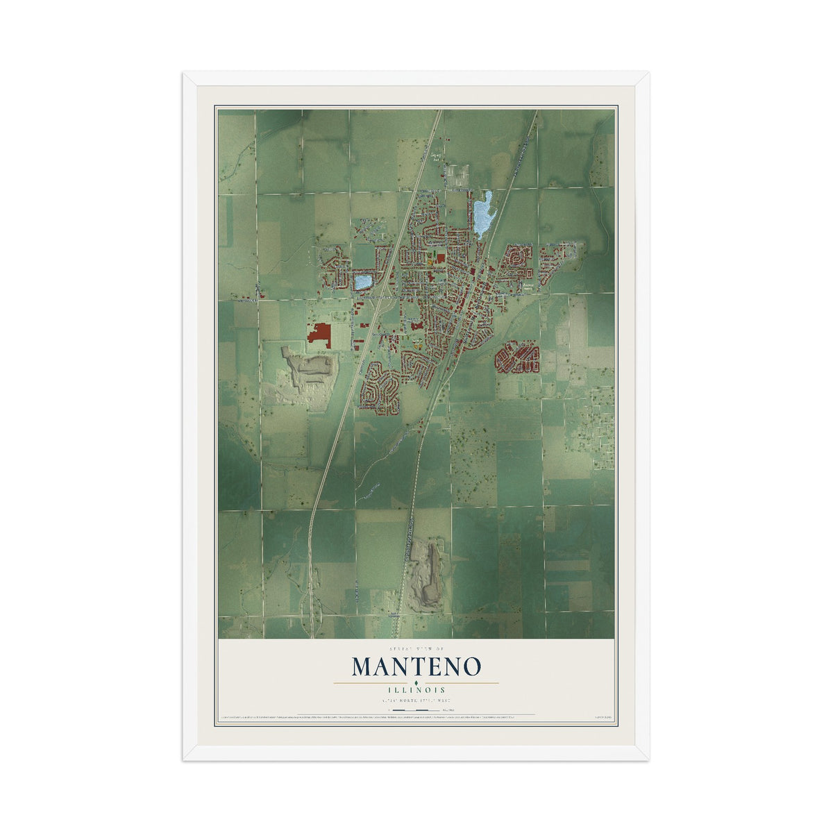 Map of Manteno, Illinois, 12 x 18 inch print in a white wood frame