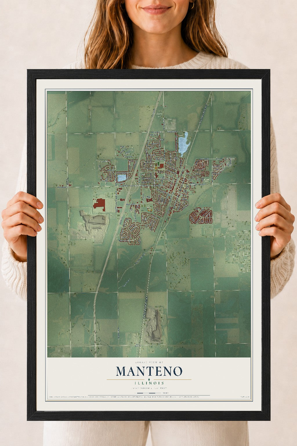 Map of Manteno, Illinois, 18 x 24 inch print in a black wood frame