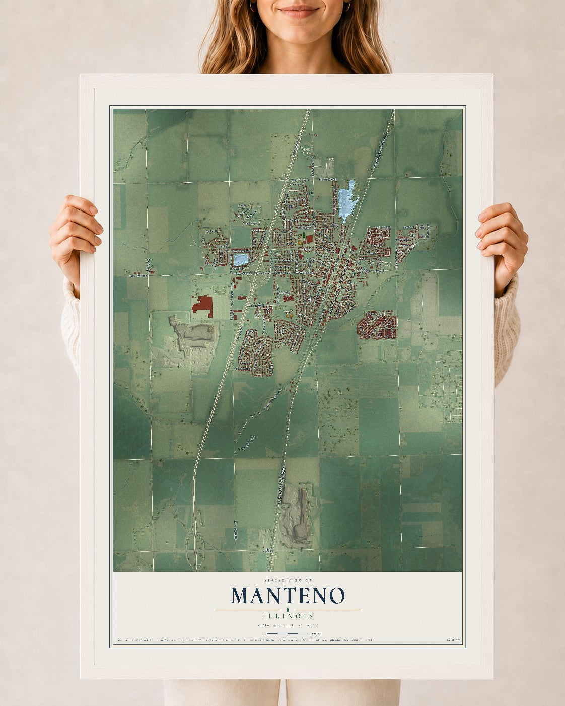 Map of Manteno, Illinois, 24 x 36 inch print in a white wood frame