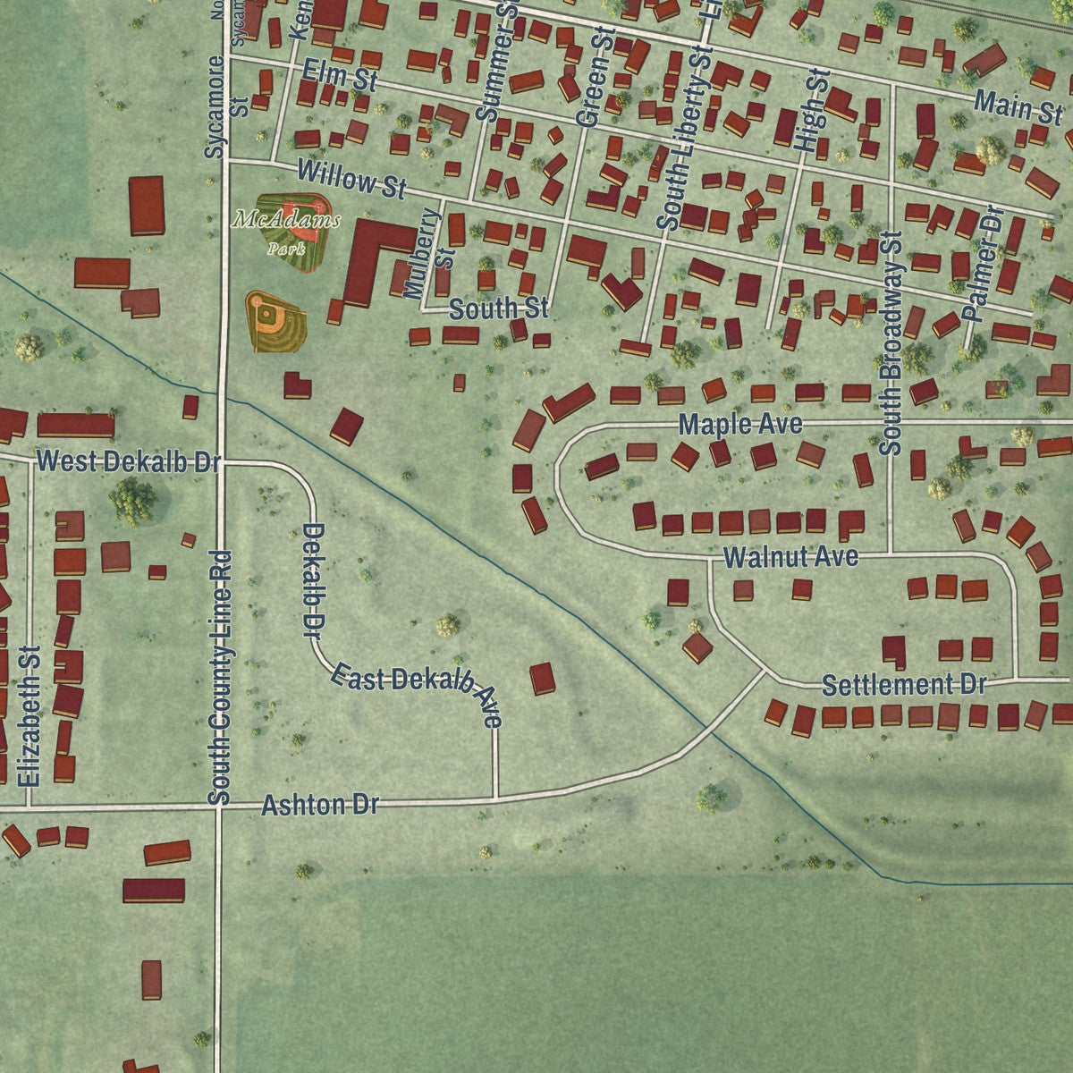 Close-up of the map of Maple Park, Illinois print showing street and building detail