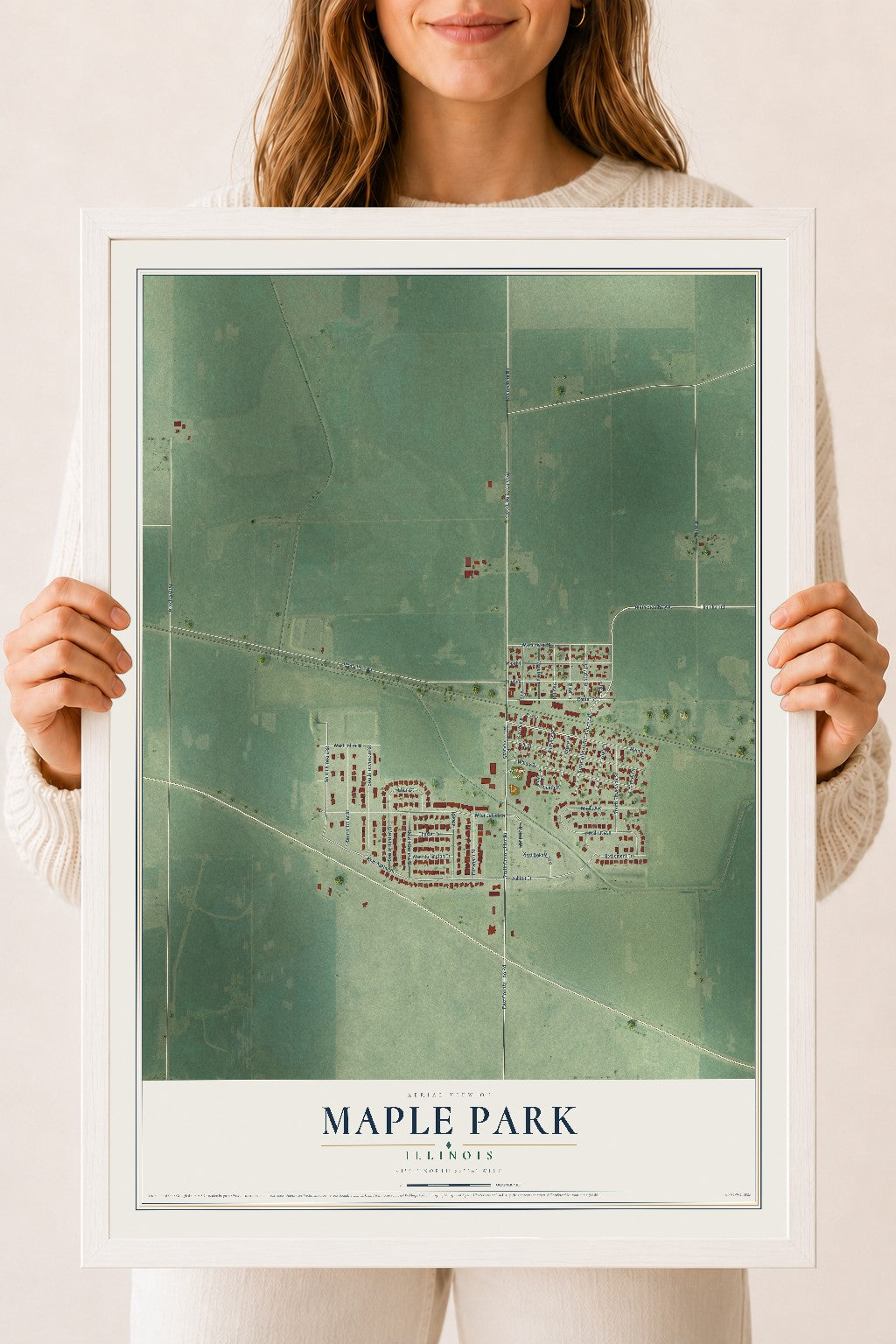 Map of Maple Park, Illinois, 18 x 24 inch print in a white wood frame