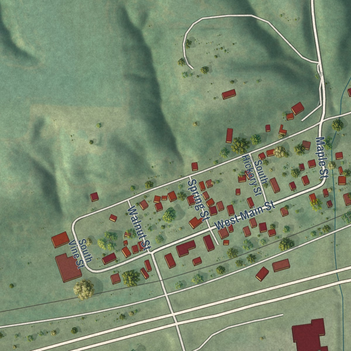 Second close-up of the map of Mapleton, Illinois print showing more streets and buildings