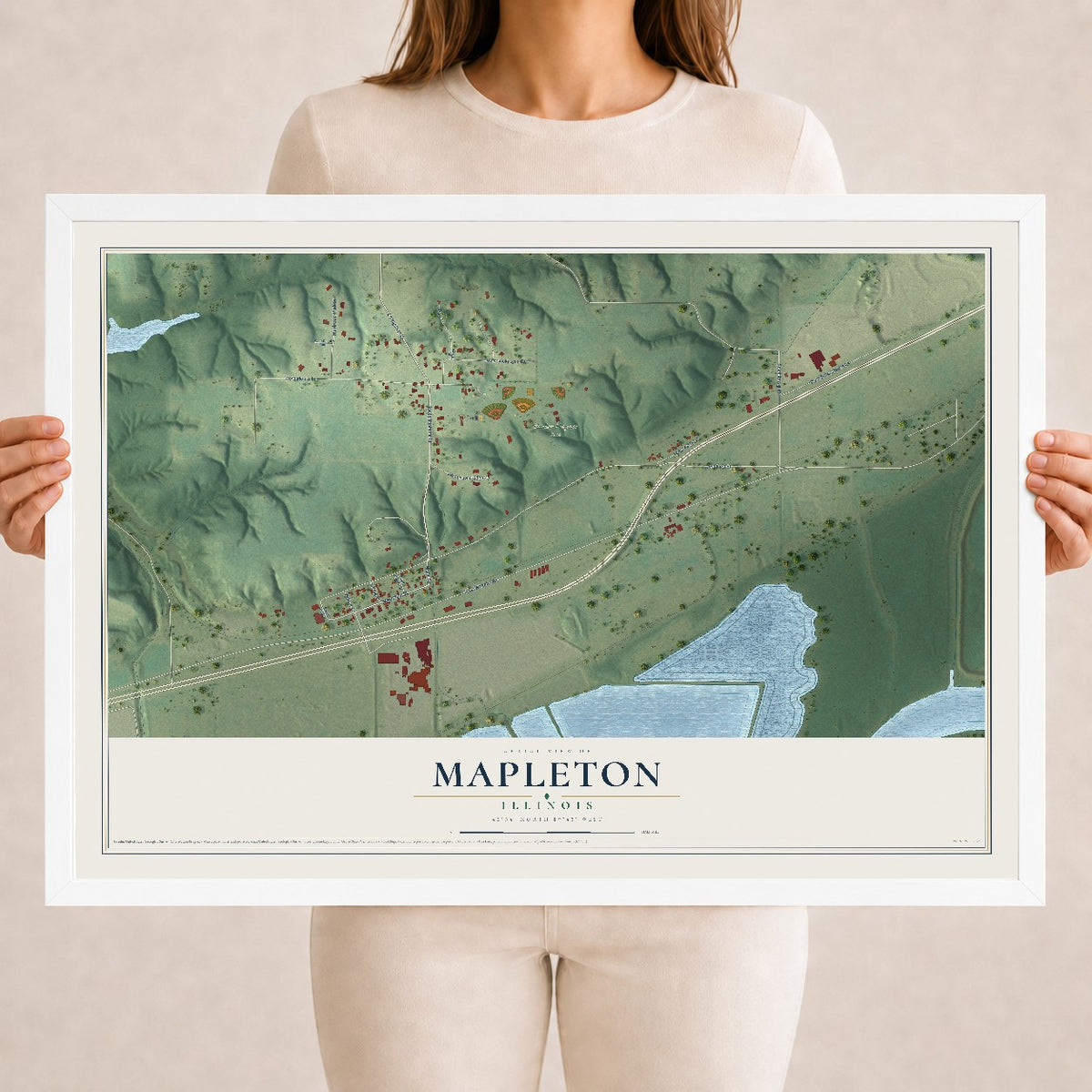 Map of Mapleton, Illinois, 18 x 24 inch print in a white wood frame