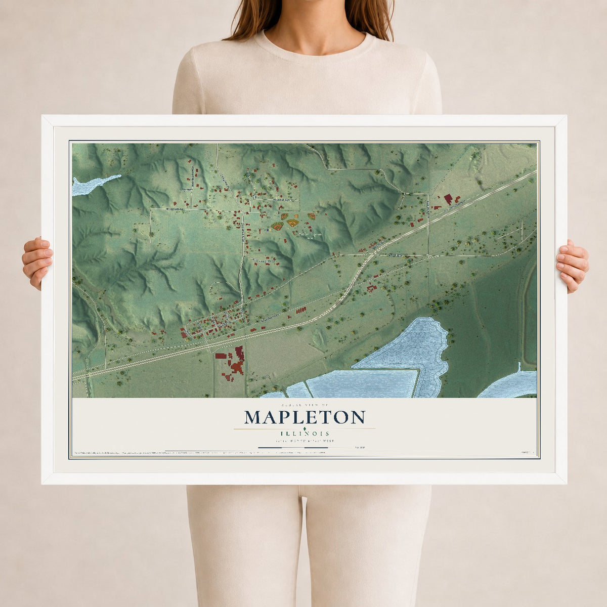 Map of Mapleton, Illinois, 24 x 36 inch print in a white wood frame