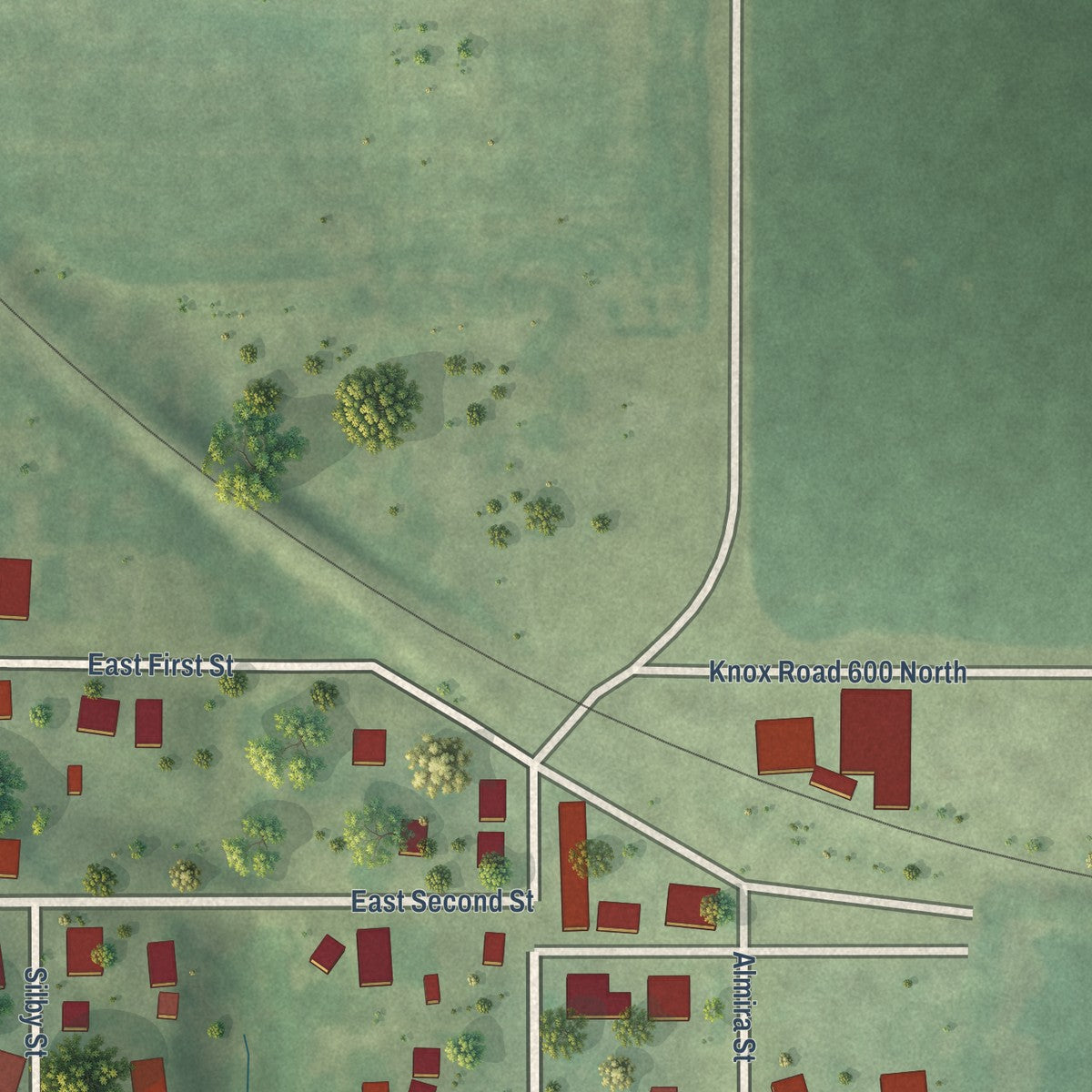 Second close-up of the map of Maquon, Illinois print showing more streets and buildings