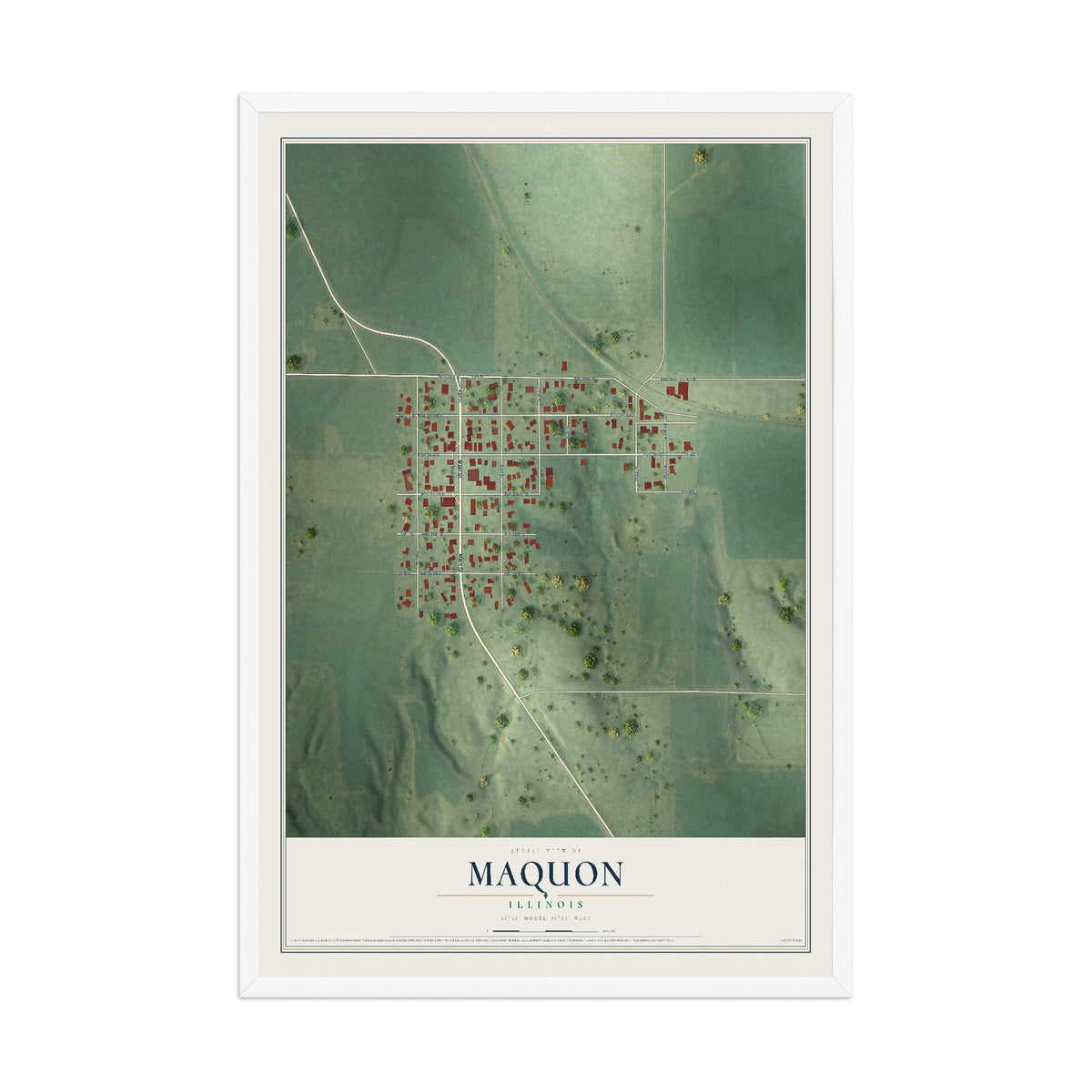 Map of Maquon, Illinois, 12 x 18 inch print in a white wood frame