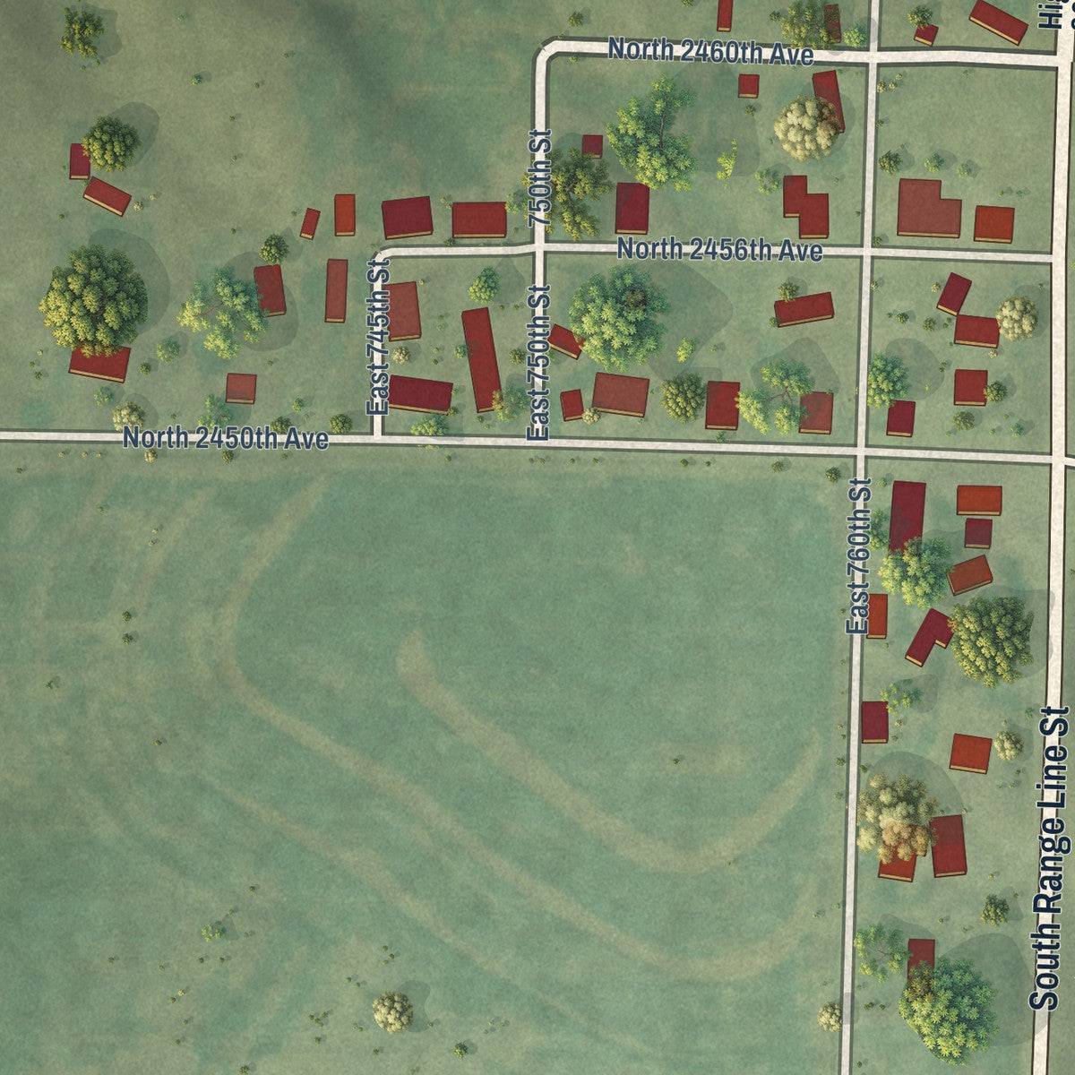 Close-up of the map of Marcelline, Illinois print showing street and building detail