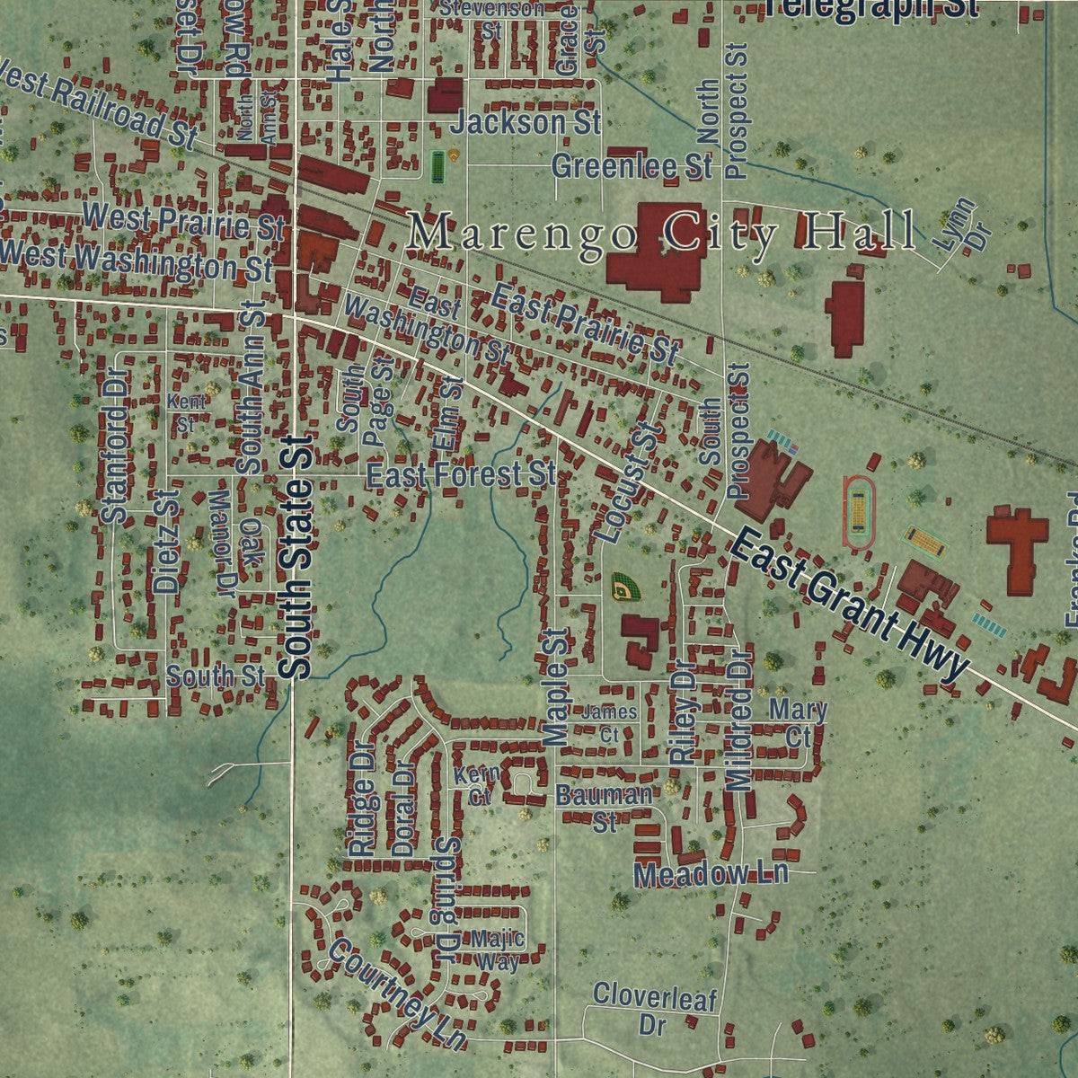 Close-up of the map of Marengo, Illinois print showing street and building detail