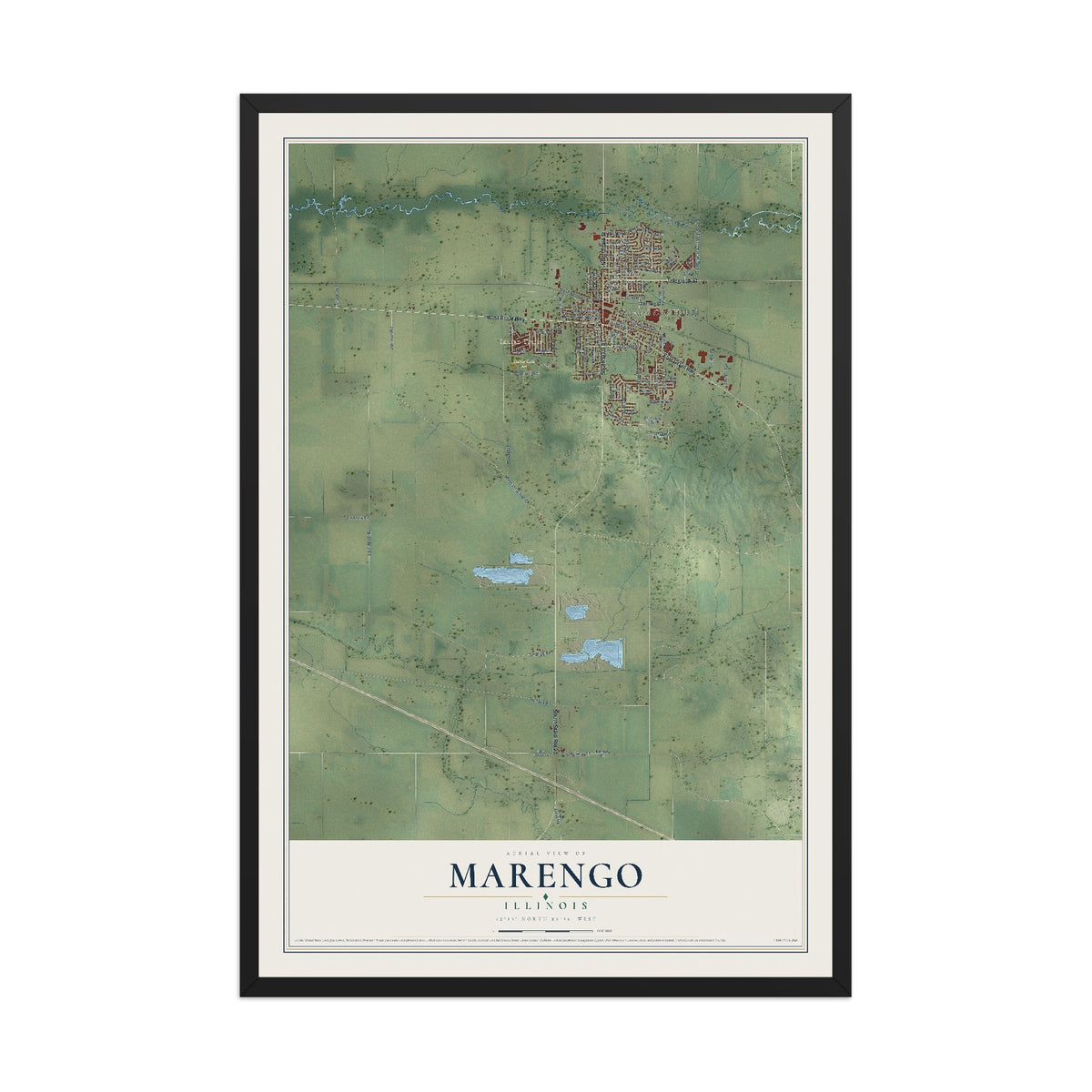 Map of Marengo, Illinois, 12 x 18 inch print in a black wood frame