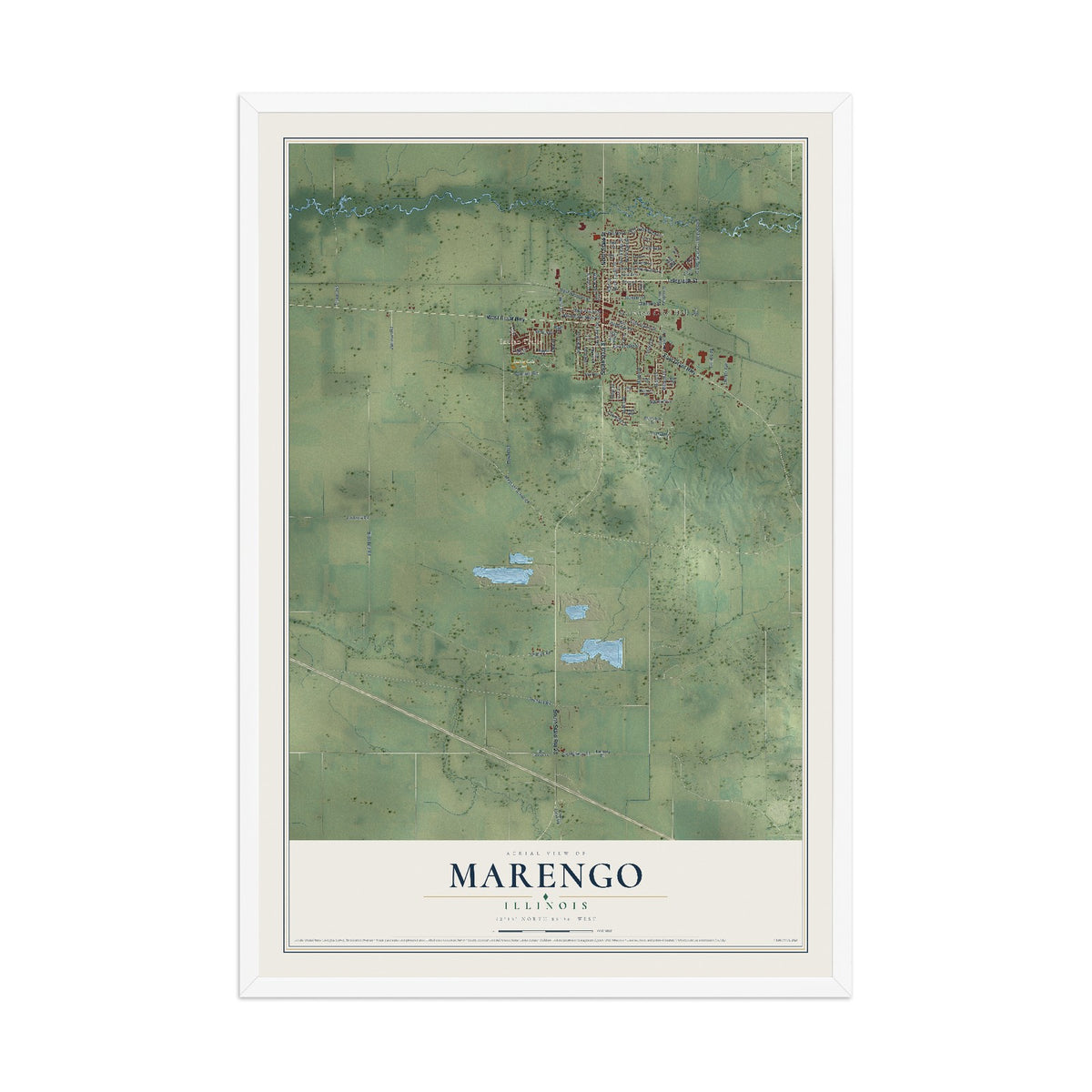 Map of Marengo, Illinois, 12 x 18 inch print in a white wood frame
