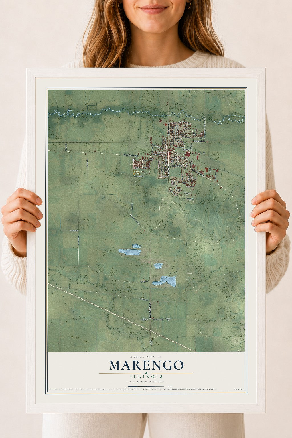 Map of Marengo, Illinois, 18 x 24 inch print in a white wood frame