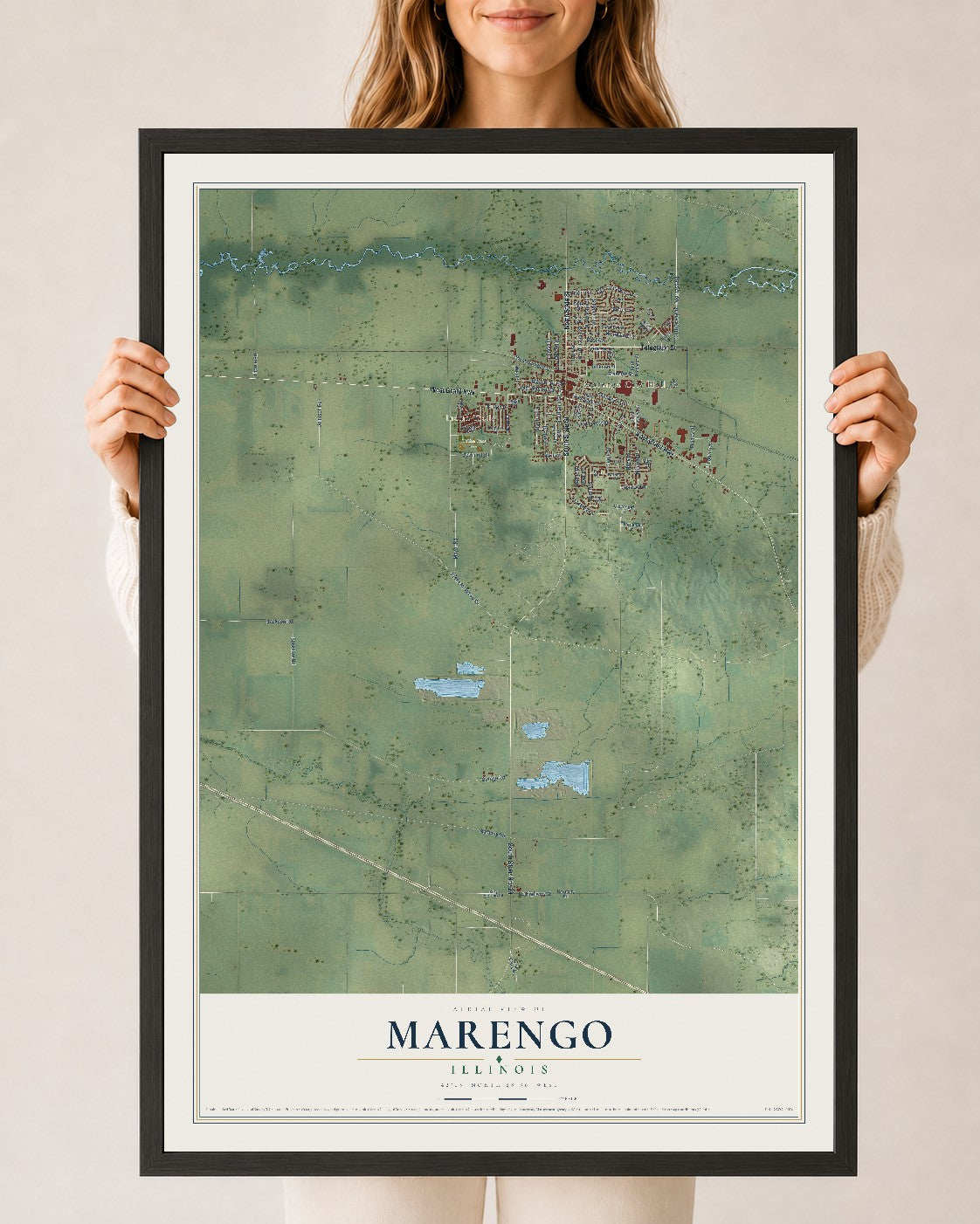 Map of Marengo, Illinois, 24 x 36 inch print in a black wood frame