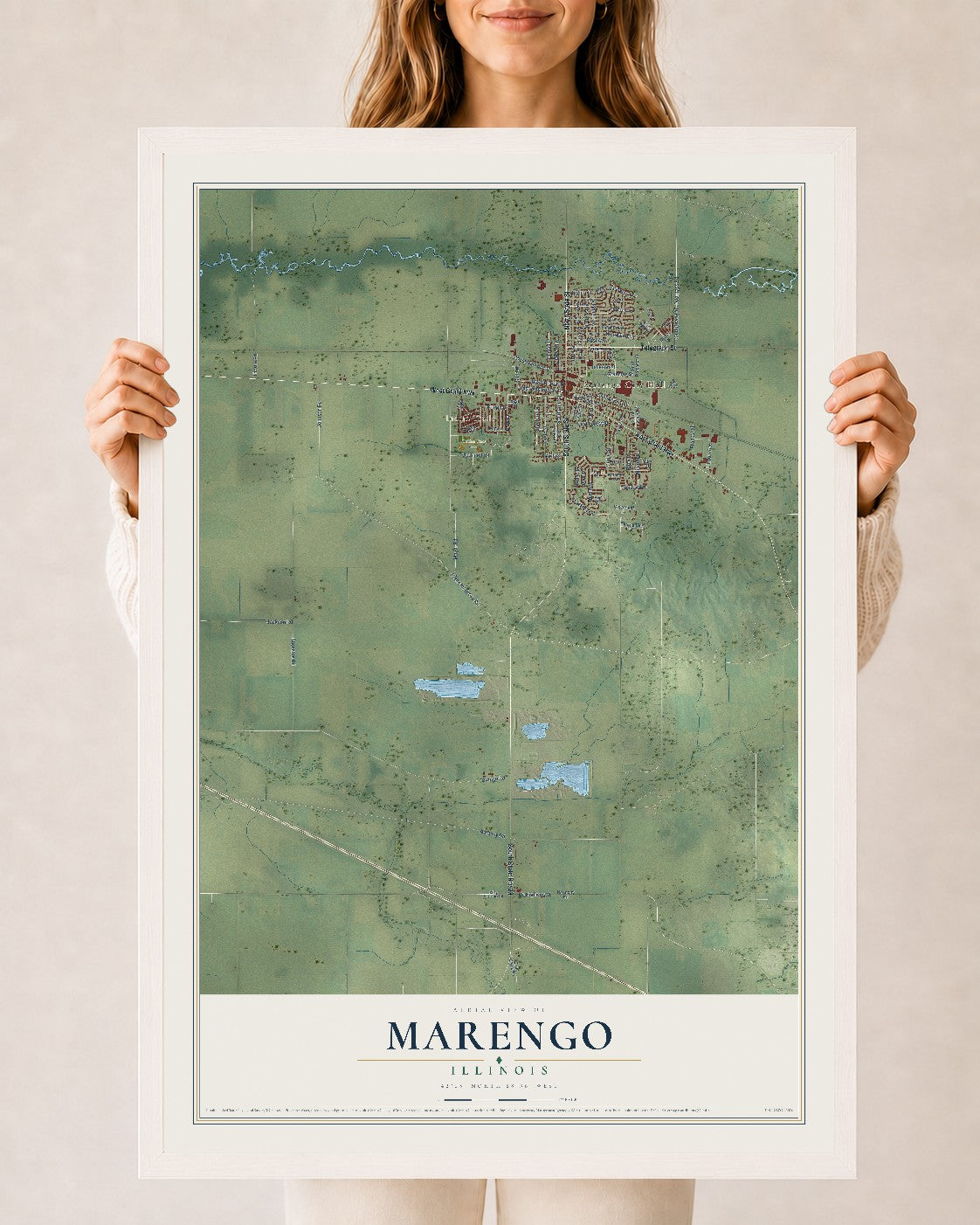 Map of Marengo, Illinois, 24 x 36 inch print in a white wood frame