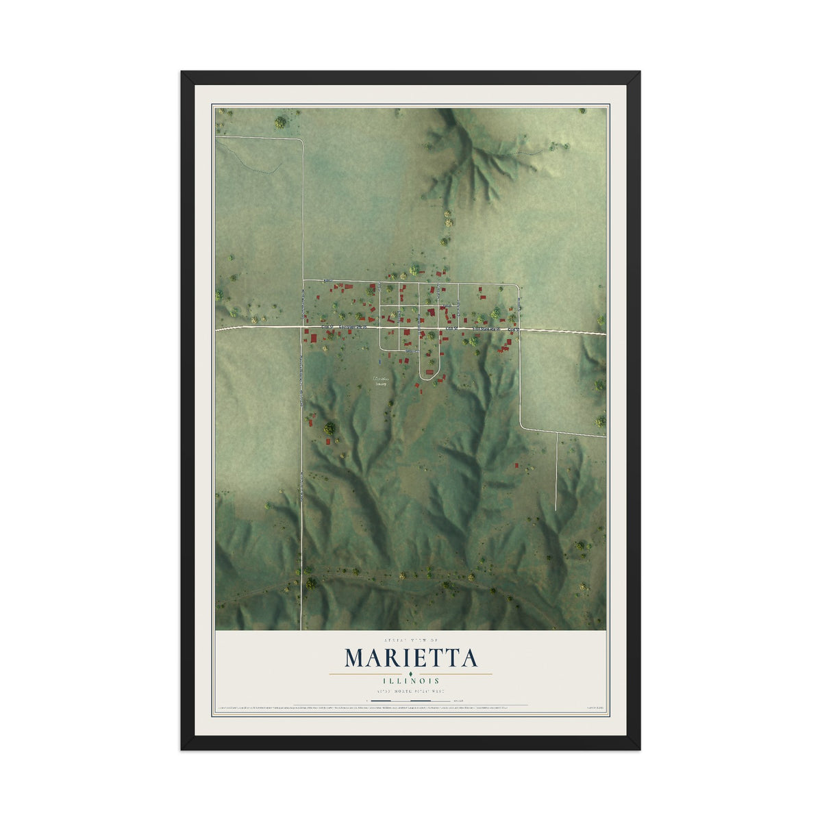 Map of Marietta, Illinois, 12 x 18 inch print in a black wood frame
