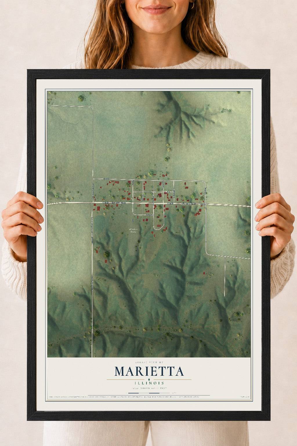 Map of Marietta, Illinois, 18 x 24 inch print in a black wood frame