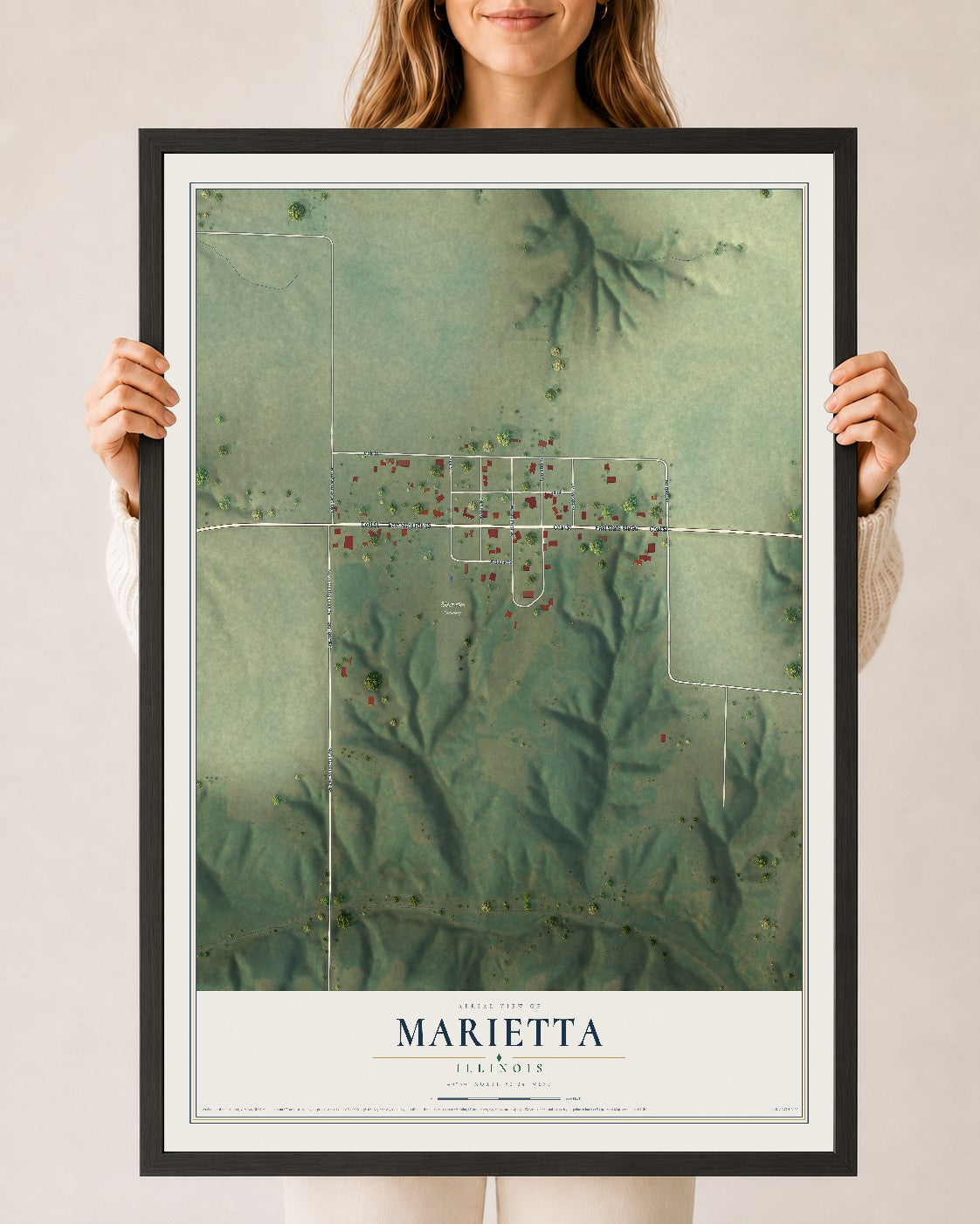 Map of Marietta, Illinois, 24 x 36 inch print in a black wood frame