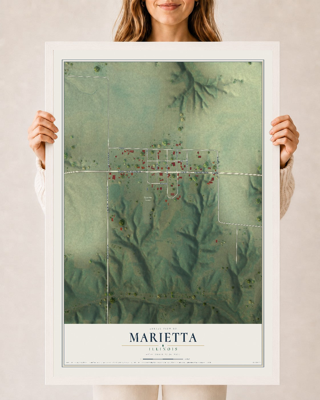 Map of Marietta, Illinois, 24 x 36 inch print in a white wood frame