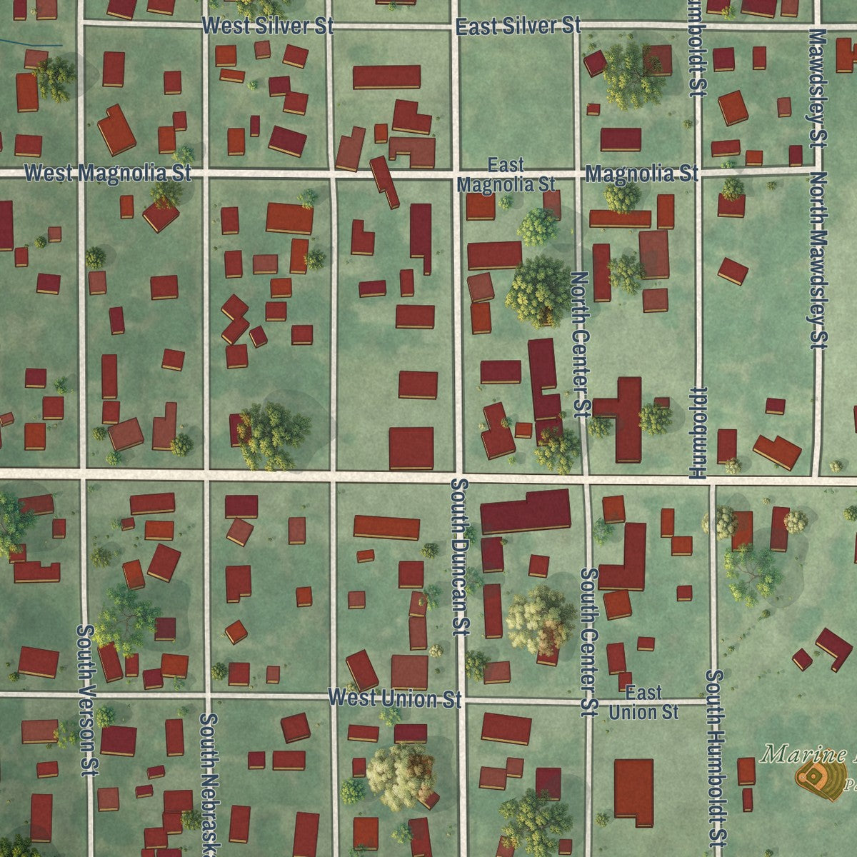 Close-up of the map of Marine, Illinois print showing street and building detail