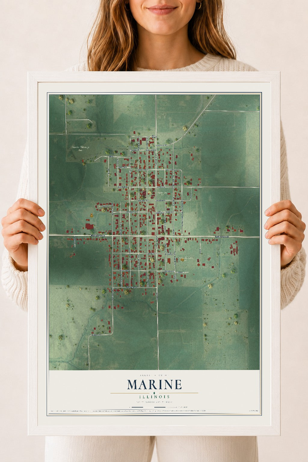 Map of Marine, Illinois, 18 x 24 inch print in a white wood frame