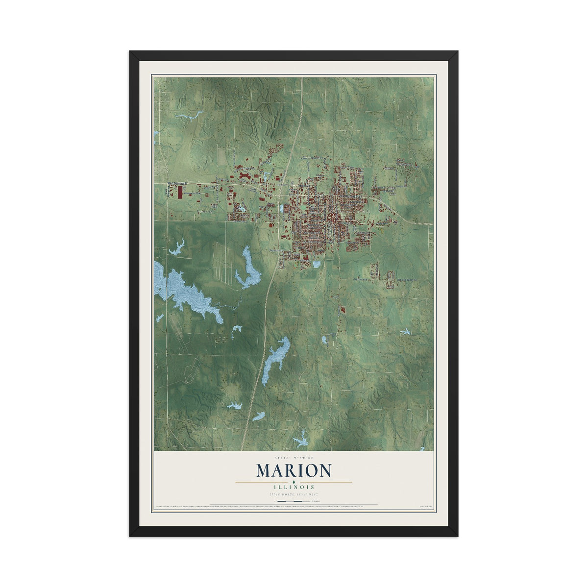 Map of Marion, Illinois, 12 x 18 inch print in a black wood frame