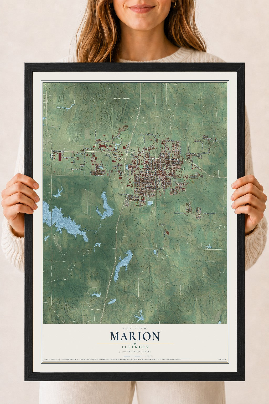 Map of Marion, Illinois, 18 x 24 inch print in a black wood frame