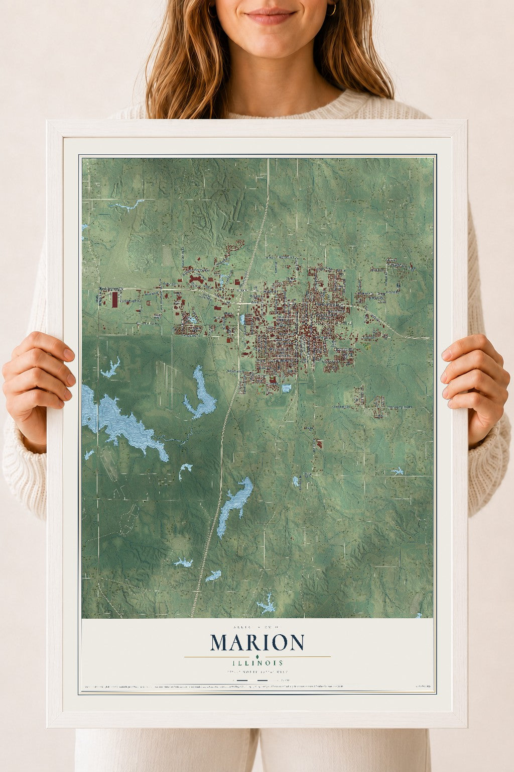 Map of Marion, Illinois, 18 x 24 inch print in a white wood frame