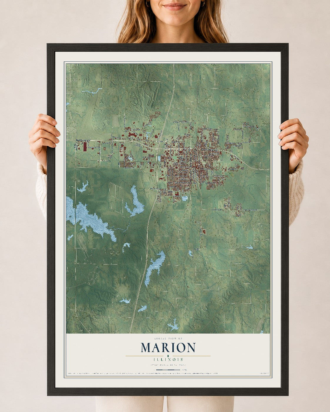Map of Marion, Illinois, 24 x 36 inch print in a black wood frame