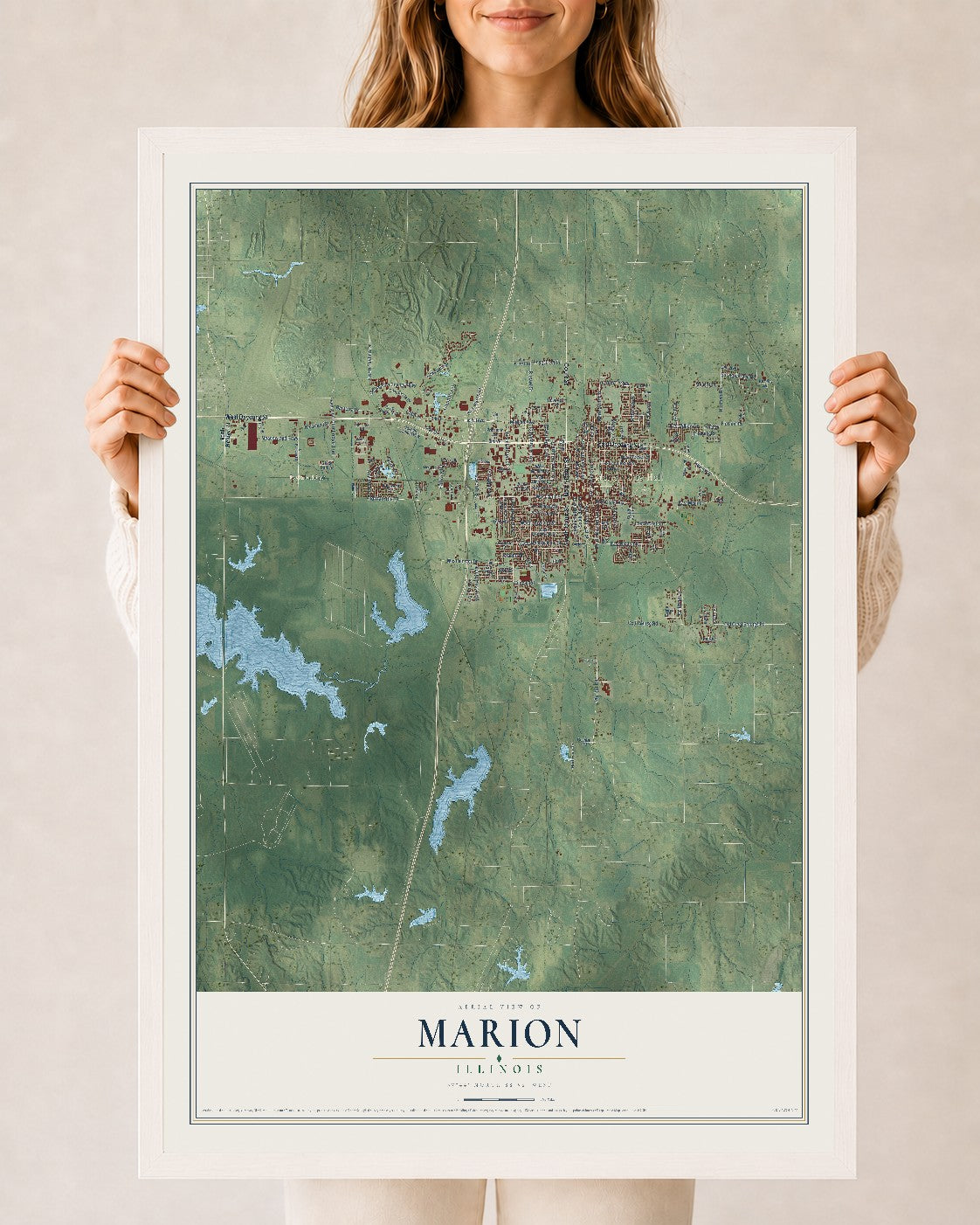 Map of Marion, Illinois, 24 x 36 inch print in a white wood frame