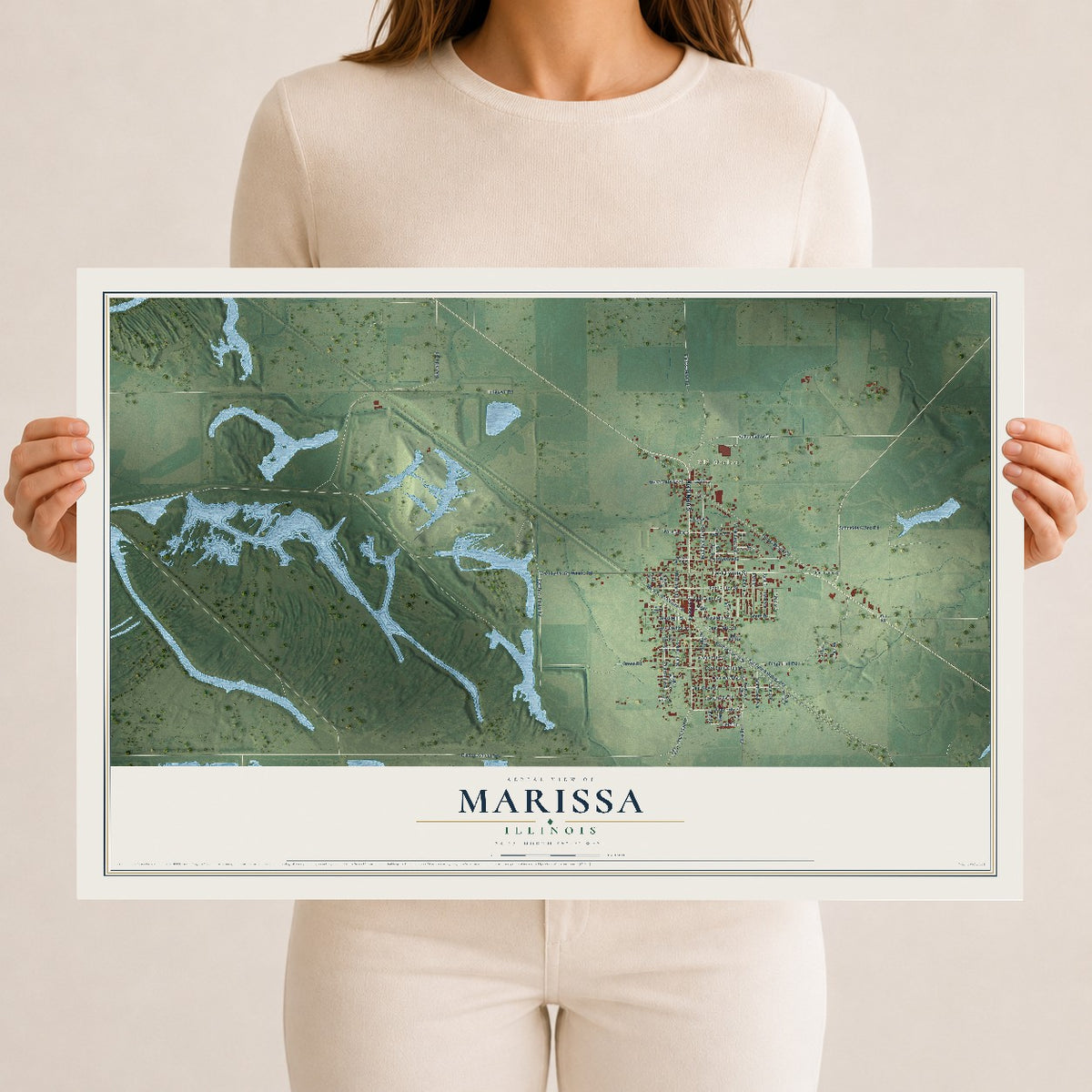 Map of Marissa, Illinois, 12 x 18 inch unframed archival matte print