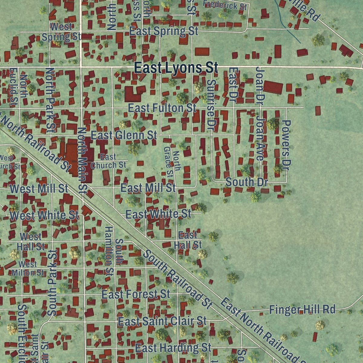 Close-up of the map of Marissa, Illinois print showing street and building detail