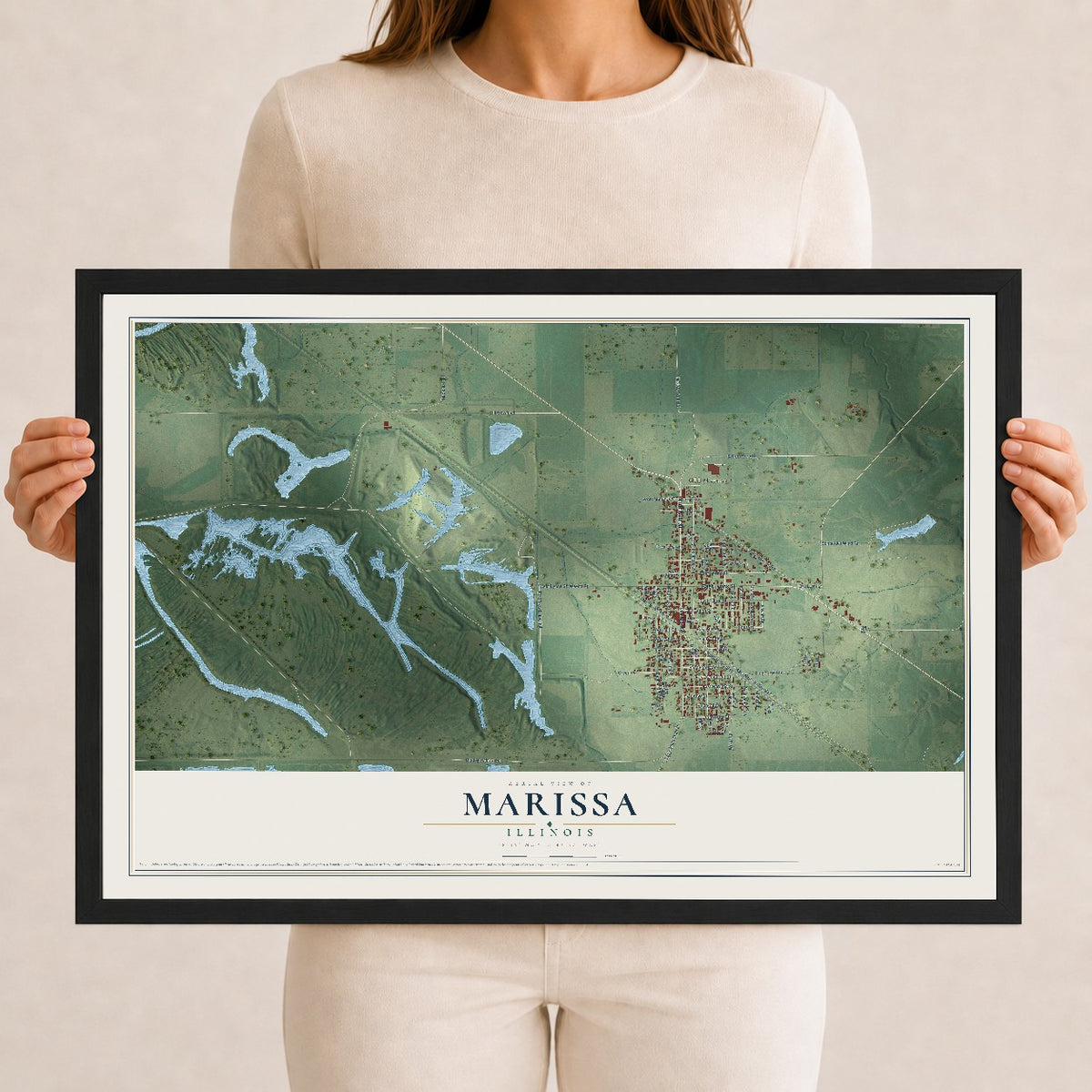 Map of Marissa, Illinois, 12 x 18 inch print in a black wood frame