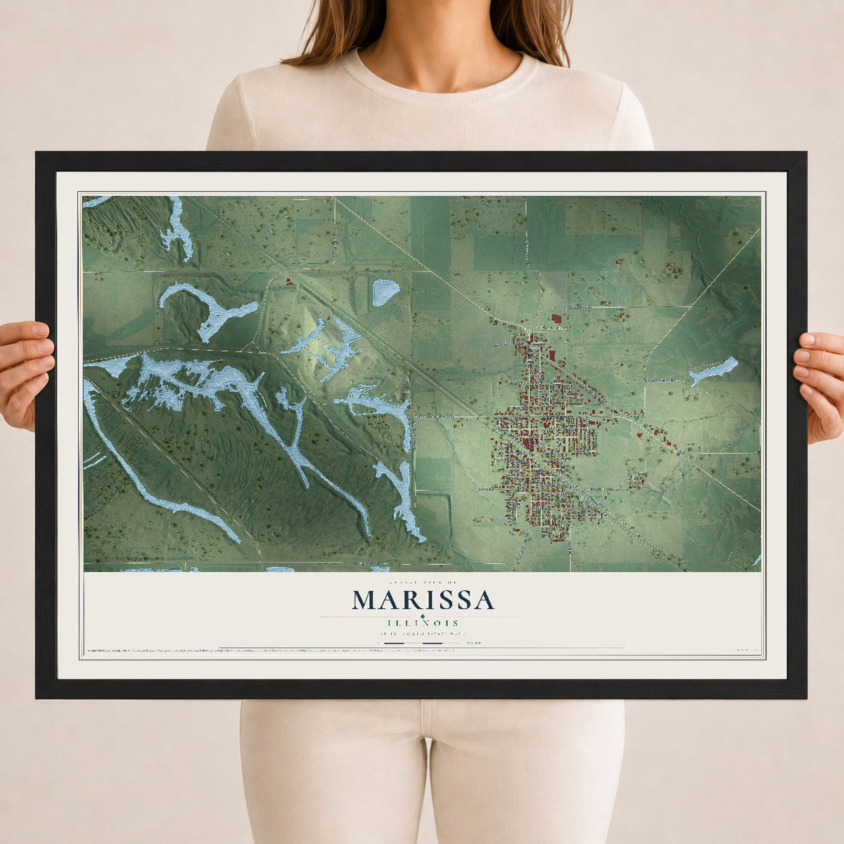 Map of Marissa, Illinois, 18 x 24 inch print in a black wood frame